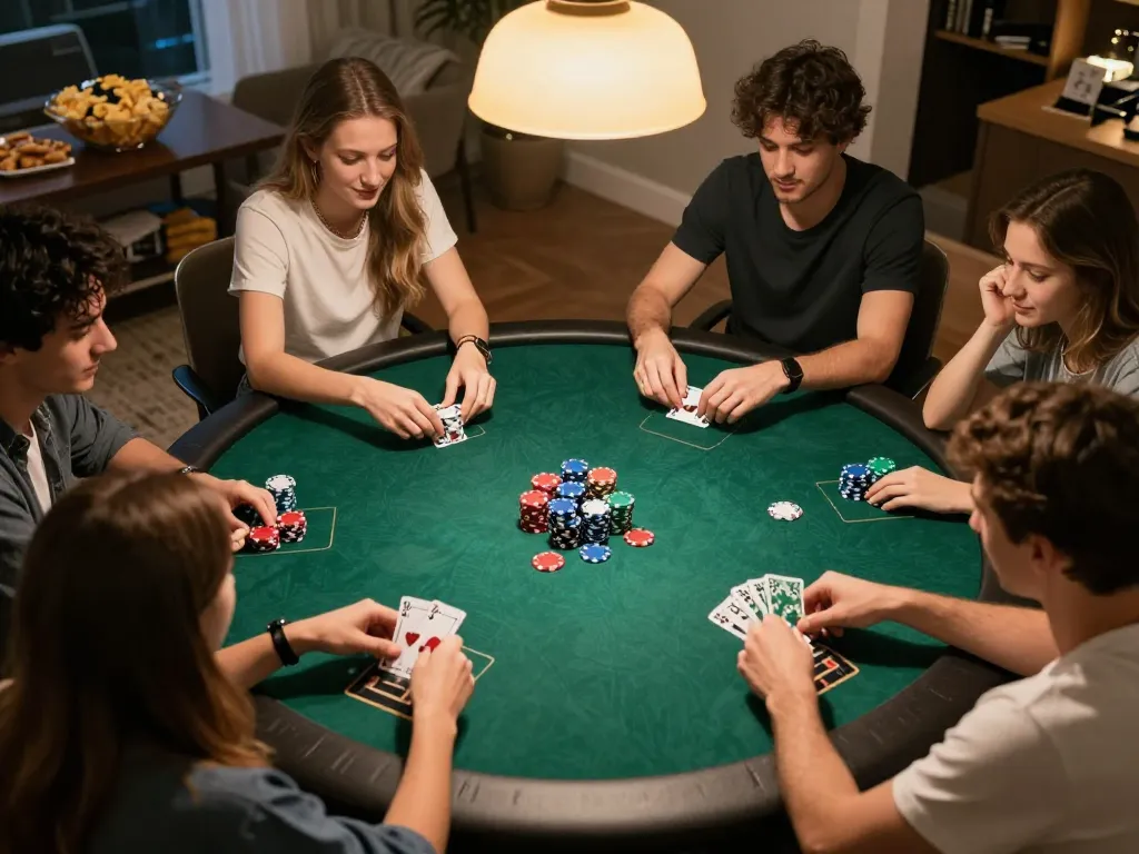Engaging players enjoying game nổ hũ at a poker night, revealing strategic decisions and social interaction.