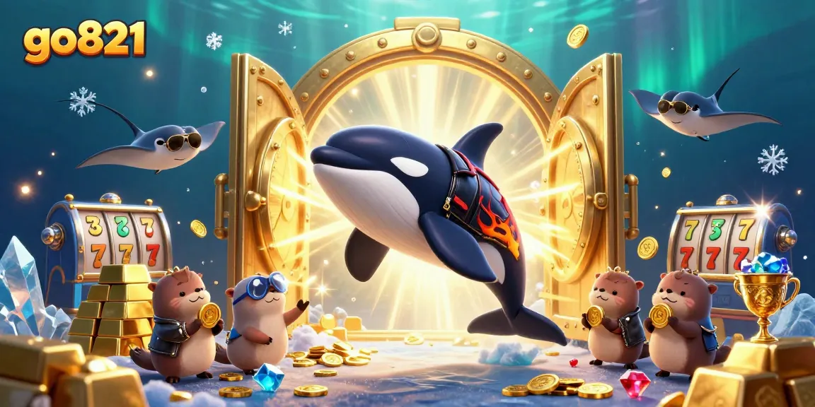 Join the vibrant action at go821 as the orca swims with coins, slot reels, and dazzling treasures