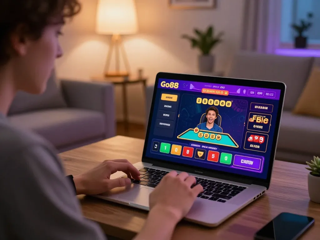 Engaging with Go88's casino app on a laptop in a cozy modern living room for responsible gaming.