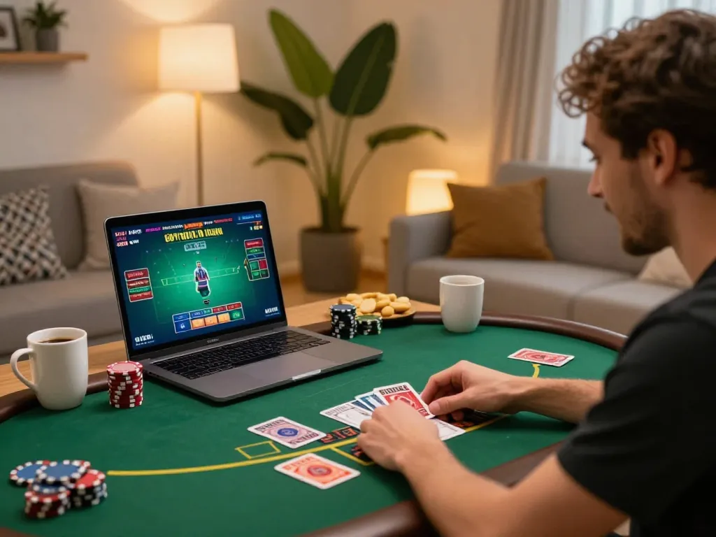 Engaged player enjoying blackjack on https://98winn.net/ in cozy home setting, showcasing online gambling excitement