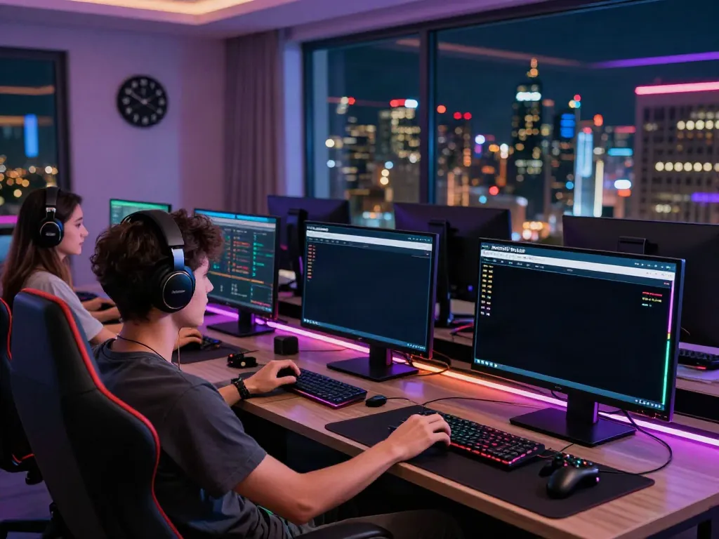 Engaging online gambling setup showcasing Alternatif Bola88 with modern decor and vibrant city view.