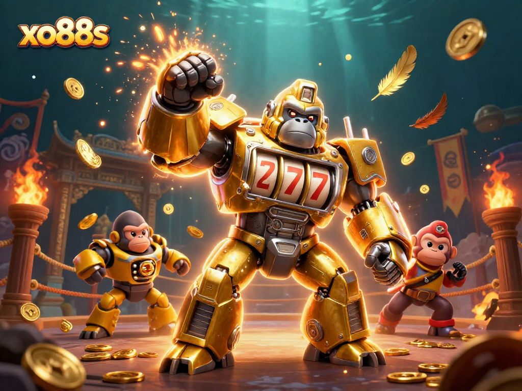 Join the excitement at xo88s with a striking golden gorilla mech character, slot elements, and dynamic gaming action.