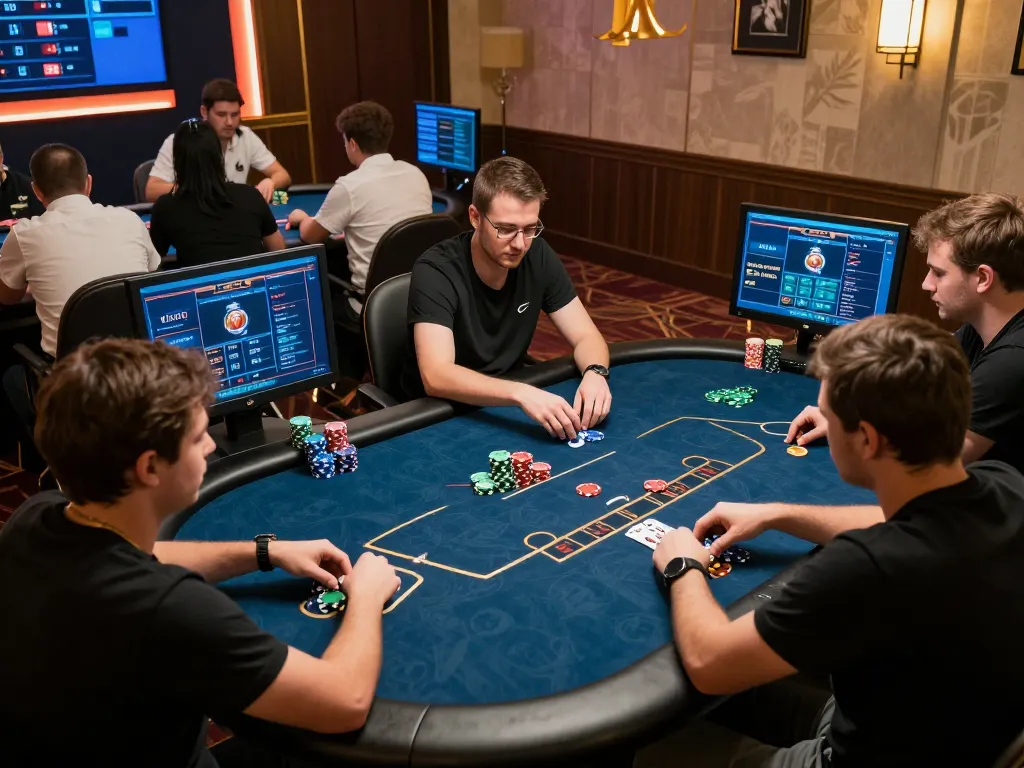 Miso88 players engaged in an intense online poker game, showcasing strategic gameplay and vibrant betting scene.