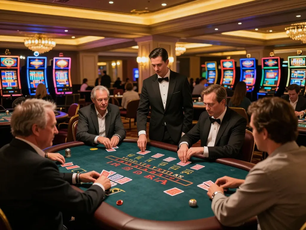 Players engaging in strategic blackjack gameplay at DH88 casino with elegant dealers and vibrant lighting.