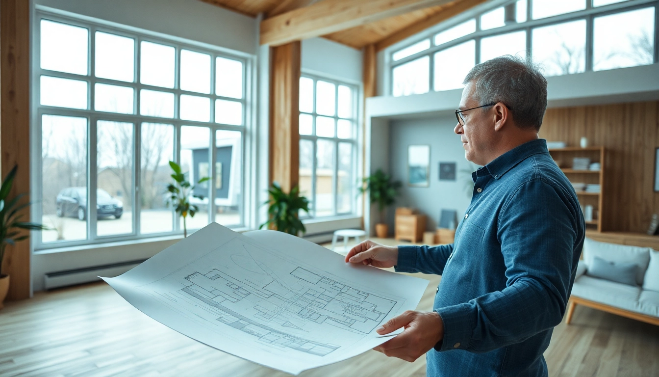 Architekt plant Haus bauen mit modernen Blaupausen in einem hellen Büro.