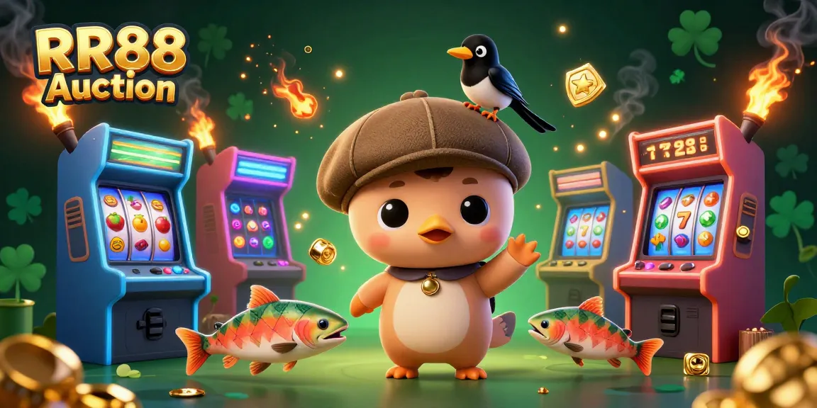 Experience thrilling gameplay at RR88 Auction with slot reels, sparkling gold, and adorable characters.