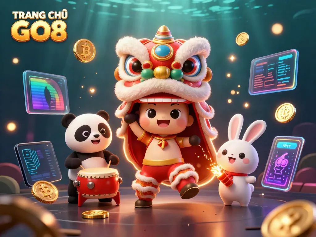 Engage with TRANG CHỦ GO8’s vibrant online gaming experience featuring festive characters and cryptocurrency.
