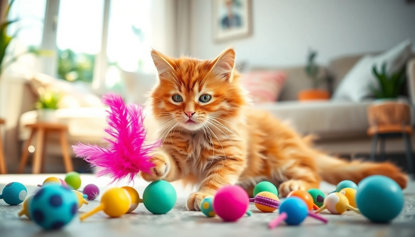 Katzenspielzeug in Aktion: Fluffy Katze spielt begeistert mit bunten Spielzeugen im Wohnzimmer.
