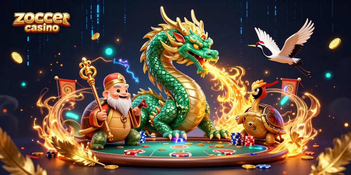 Engage with zoccer casino's thrilling atmosphere featuring a dragon, turtle sage, and cranes amidst vibrant gaming elements.