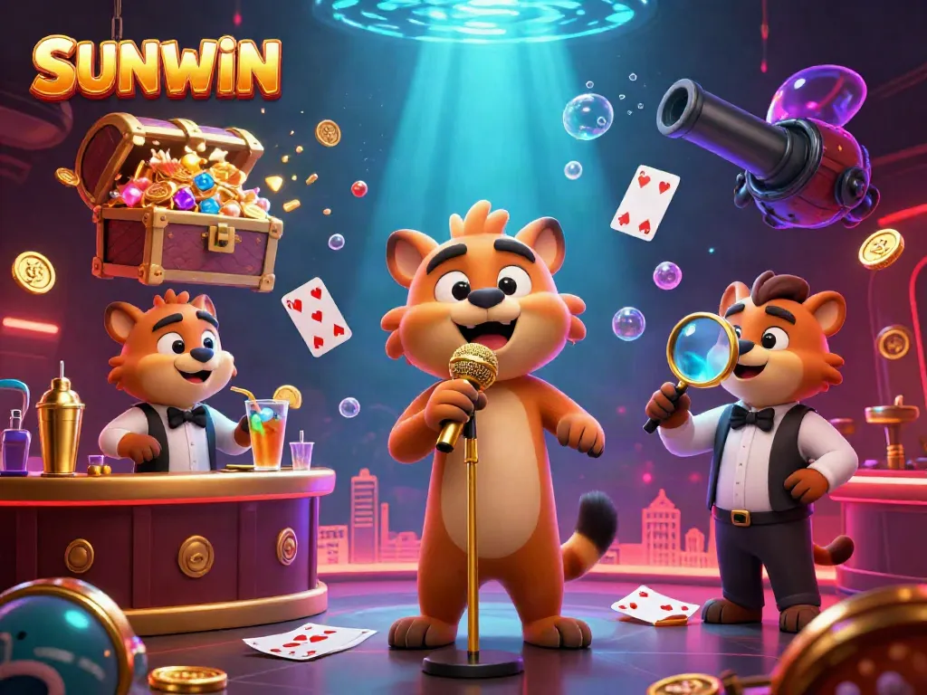 SUNWIN engages players with a lively hyena comedy casino scene featuring games and glowing jewels.