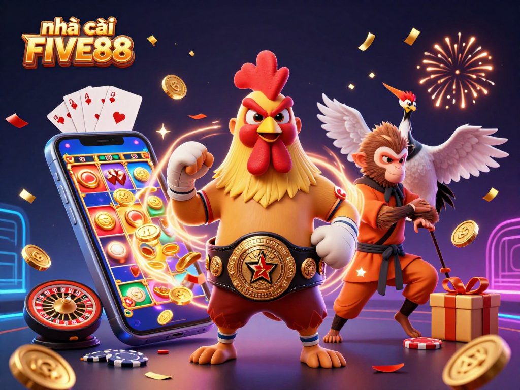 Experience the thrill of gaming at nhà cái FIVE88 with a vibrant casino scene featuring dynamic characters and joyful celebrations.