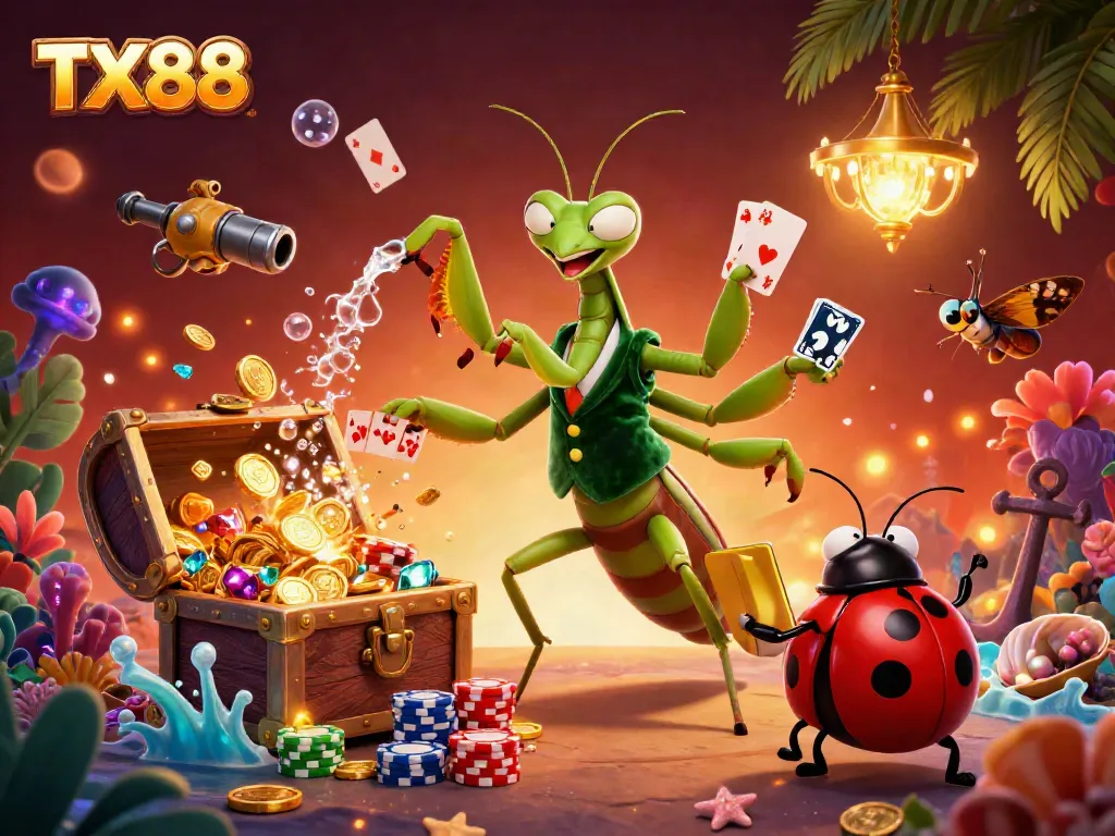 Engage in thrilling gaming action with TX88, featuring vibrant scenes and casino elements.