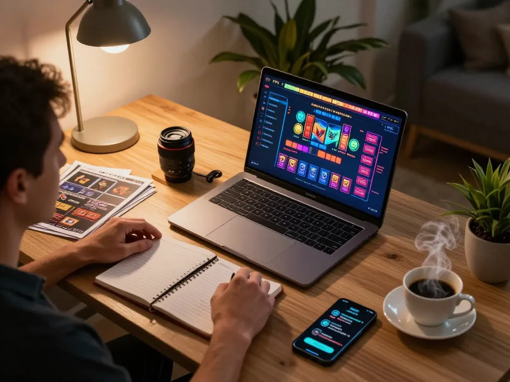 Player focusing on LV88 live casino game on laptop with tracking notes and coffee nearby.