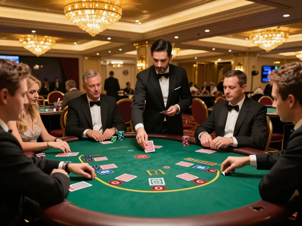 Engaging scene at https://rr88.center/ featuring players at a blackjack table focused on strategic card plays in a luxurious casino environment.