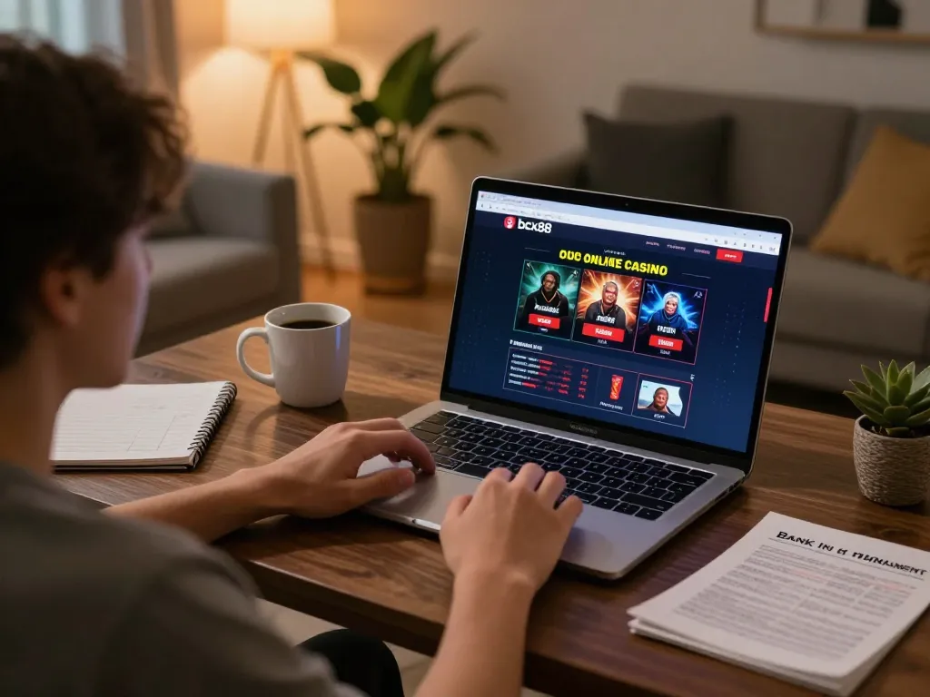 Player engaging with the bcx88 online casino site on laptop while managing bankroll effectively.