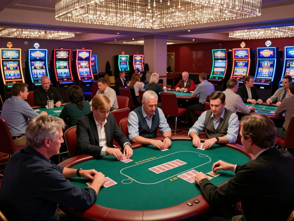 Players engaging in intense poker gameplay at a vibrant casino floor showcasing the thrill of mb668 gaming.