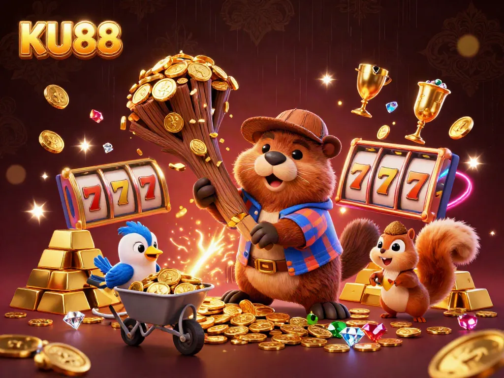 KU88 players engaging with slot reels and treasures in an exciting casino scene.