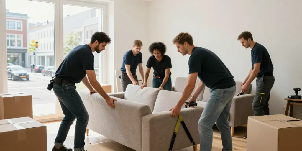 Professionelles Team für Möbelentsorgung in Berlin beim Abbau eines Sofas.