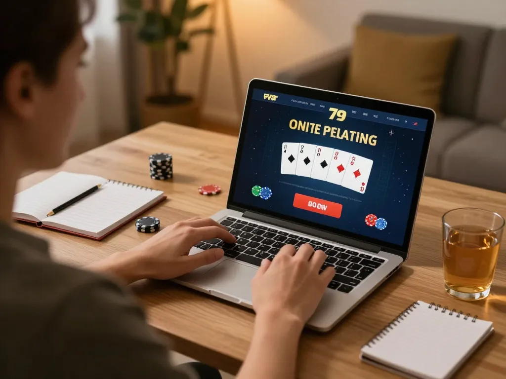 Enjoying fun79 online poker from home, a player focuses on strategy and gameplay