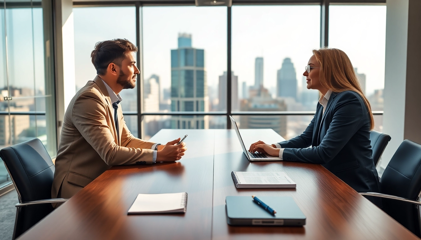 Personalvermittlung im Gespräch zwischen Recruiter und Kandidat in modernem Büro.
