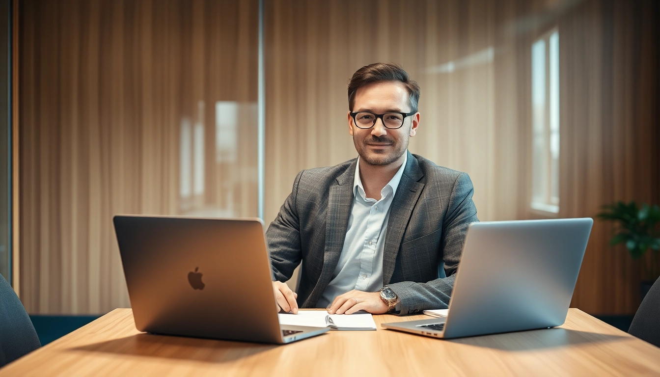 Headhunter Wiesbaden im modernen Büro, während er einem Klienten zuhörend arbeitet.