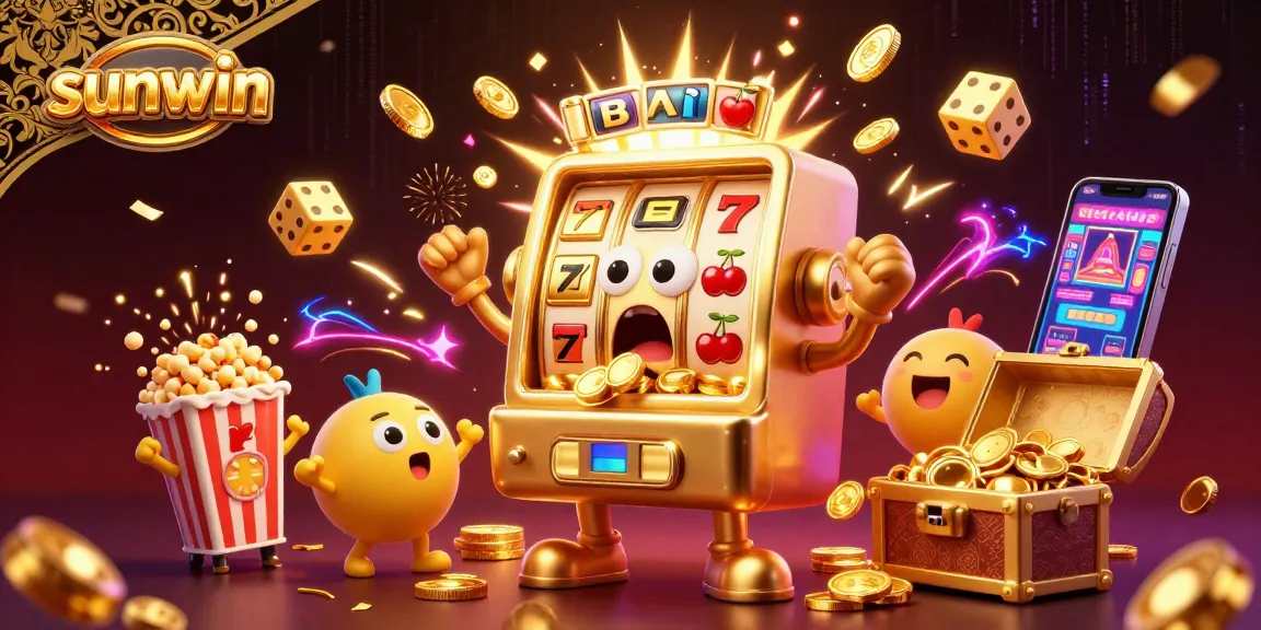 Experience the thrill of sunwin with a lively scene showcasing a golden slot machine hitting a jackpot amidst coins and cheering companions.