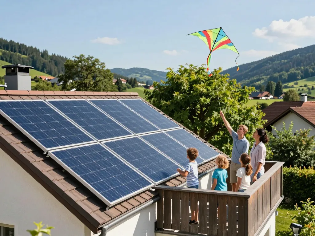 Installation von Photovoltaik in Bayern auf einem sonnigen bayerischen Dach mit einer fröhlichen Familie, die die Natur genießt.