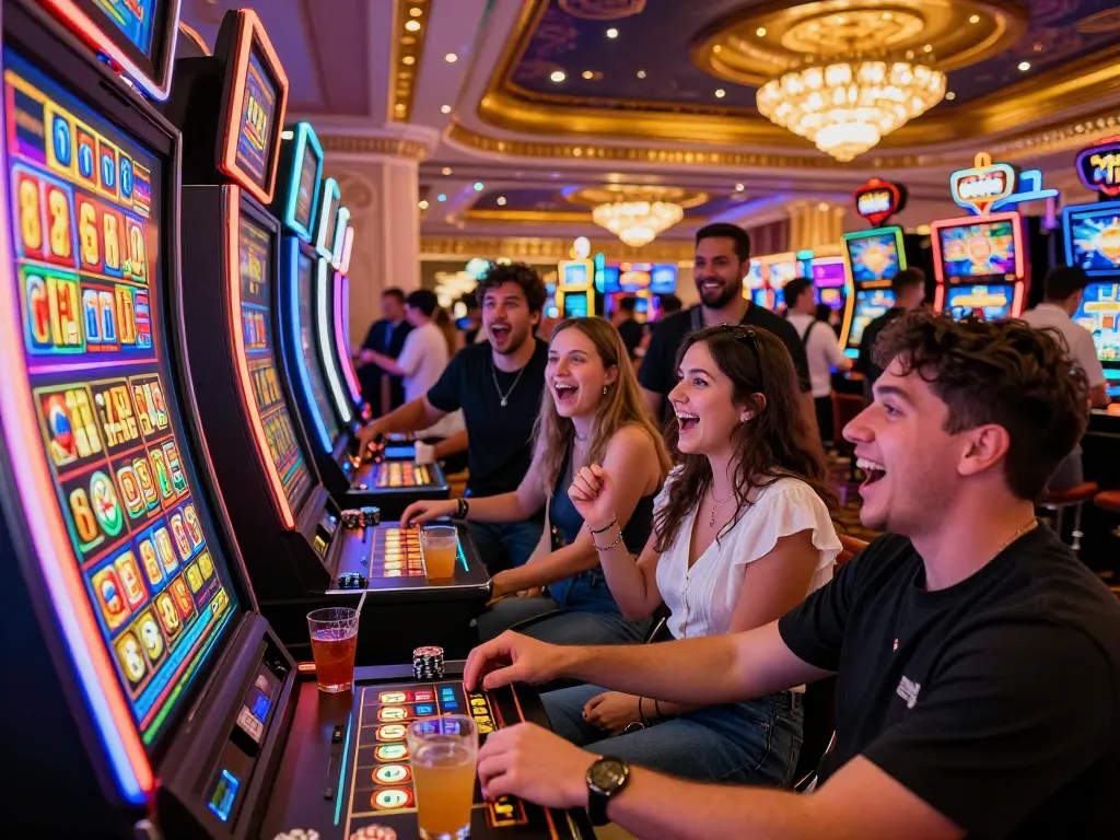 Group celebrating a jackpot win on the Lucky 88 slot machine in a vibrant casino atmosphere.