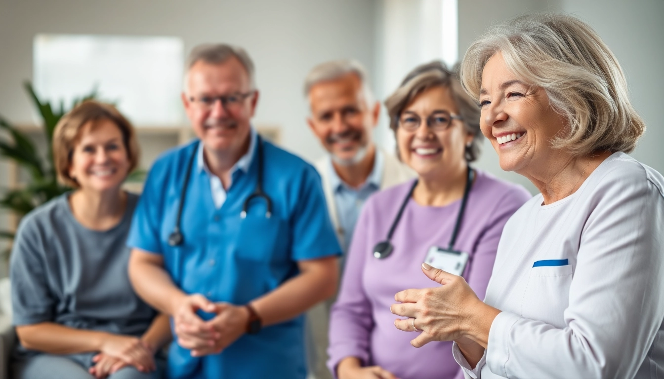 Werbung für Pflegedienste - Glückliche Patienten und engagiertes Pflegepersonal in einer herzlichen Umgebung.