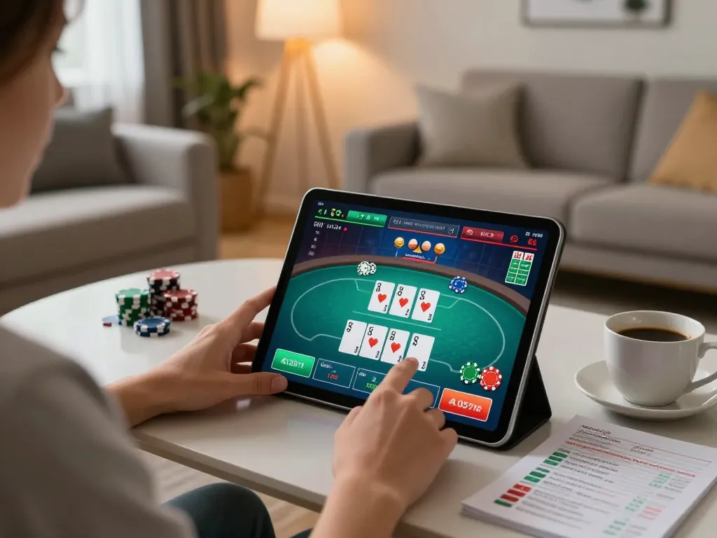 Player enjoying live casino games on trang chủ F168 at home, showcasing poker excitement in a cozy setting.