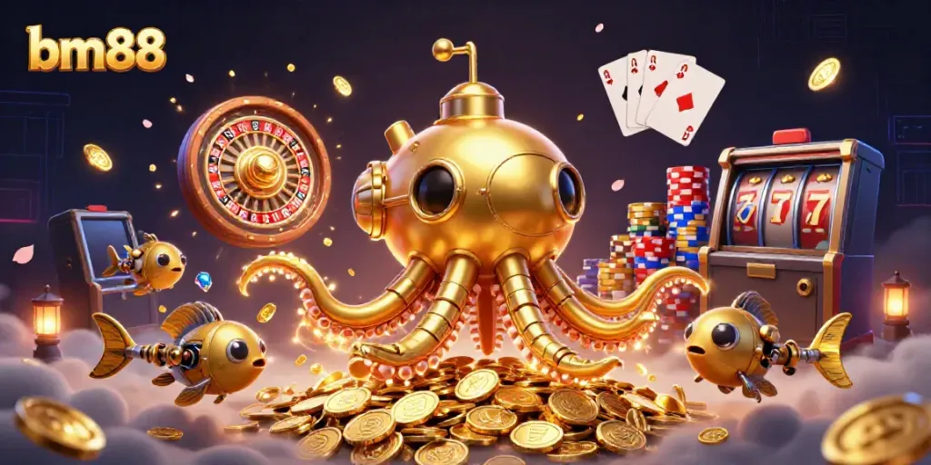 Experience the excitement at bm88 with a golden kraken submarine in a vibrant casino scene.