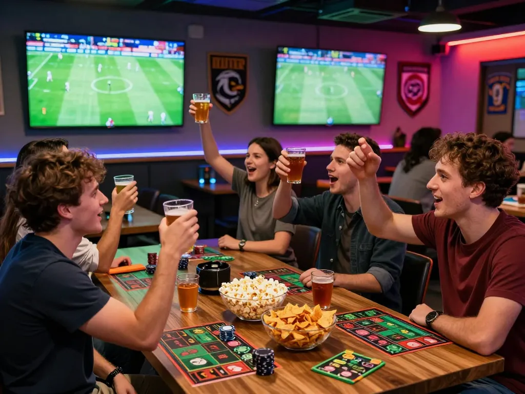 Exciting sports betting atmosphere featuring friends engaged in debet activities with live match viewing.