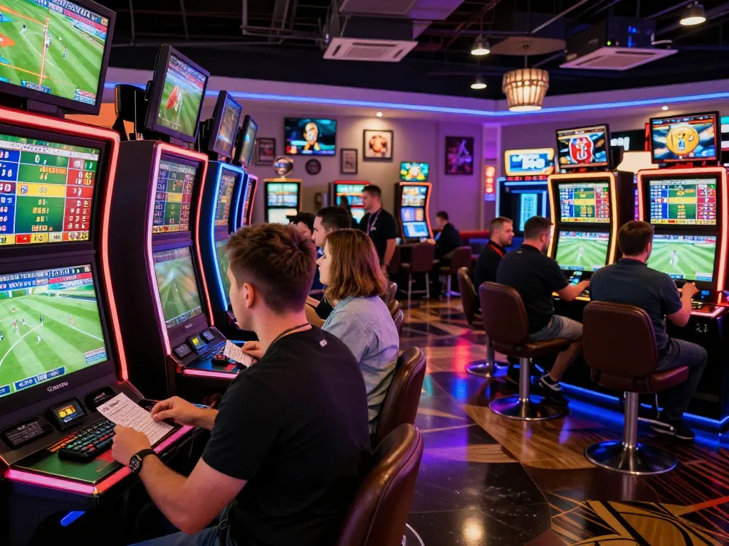Betting on ฟุตบอล in a lively casino environment with enthusiastic gamblers and vibrant screens.
