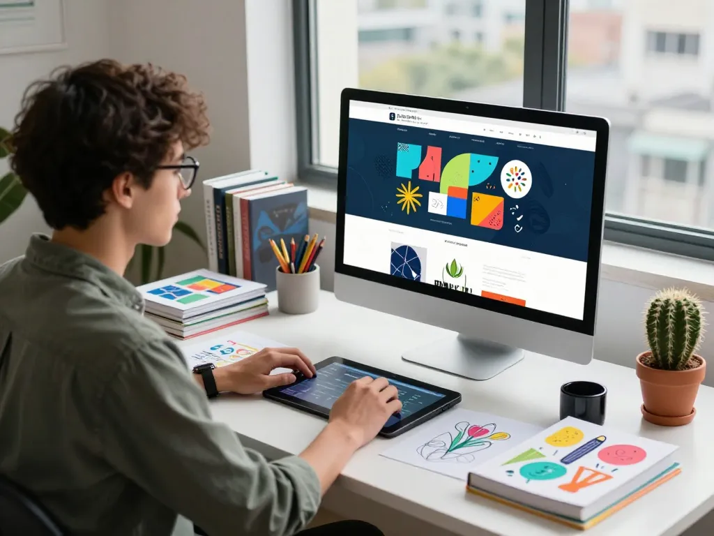 Webdesign-Freelancer in modernem Arbeitsbereich, der ansprechende Website-Designs mit bunten Skizzen und Design-Tools erstellt.