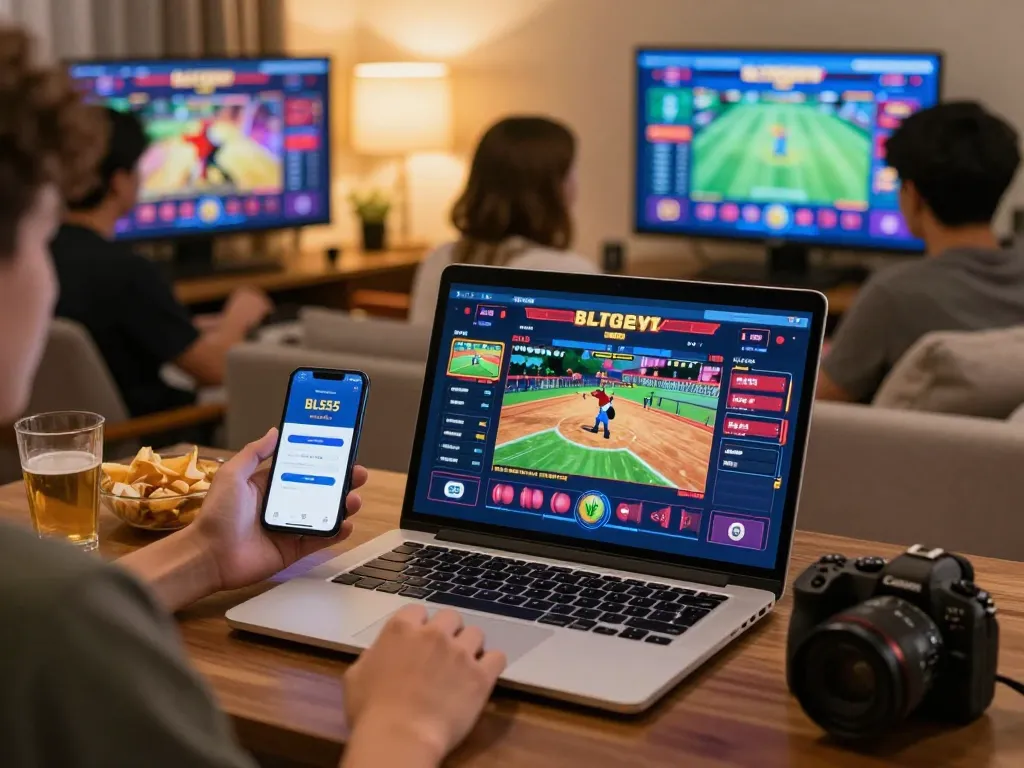 Engaged players using the BL555 online gaming platform in a lively home setting.