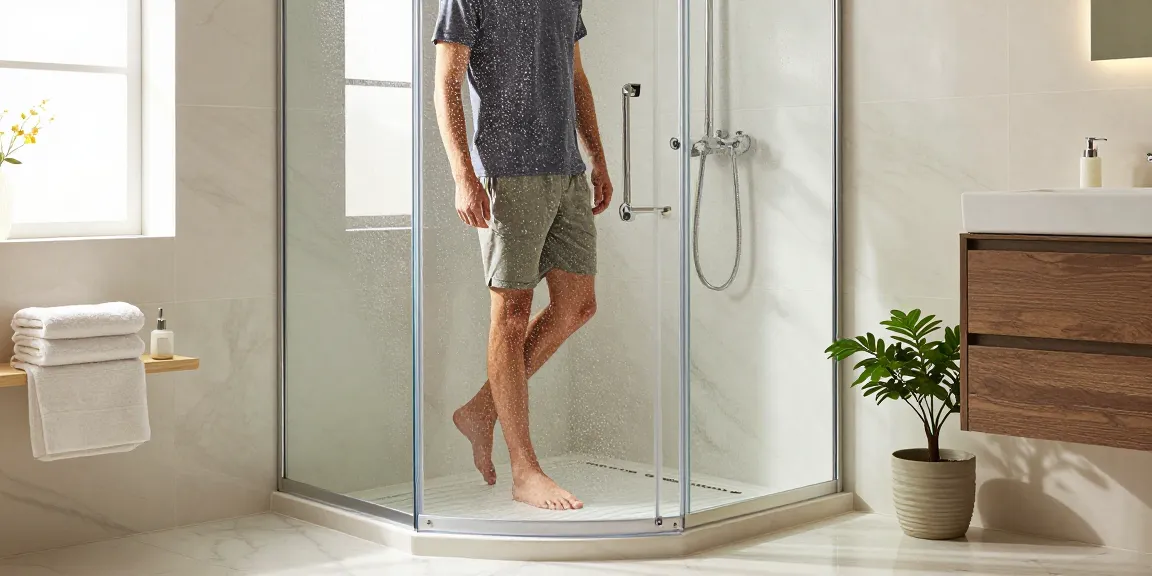 Stijlvolle douche cabine in moderne badkamer met chroomaccenten en natuurlijk licht