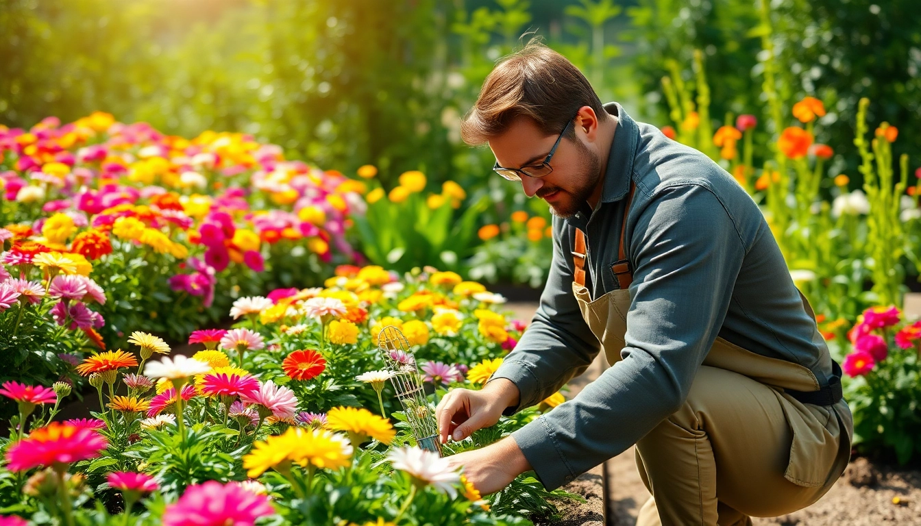 Gartenbauer pflegt lebendige Blumen im Garten mit bunten Pflanzen und grünem Hintergrund.