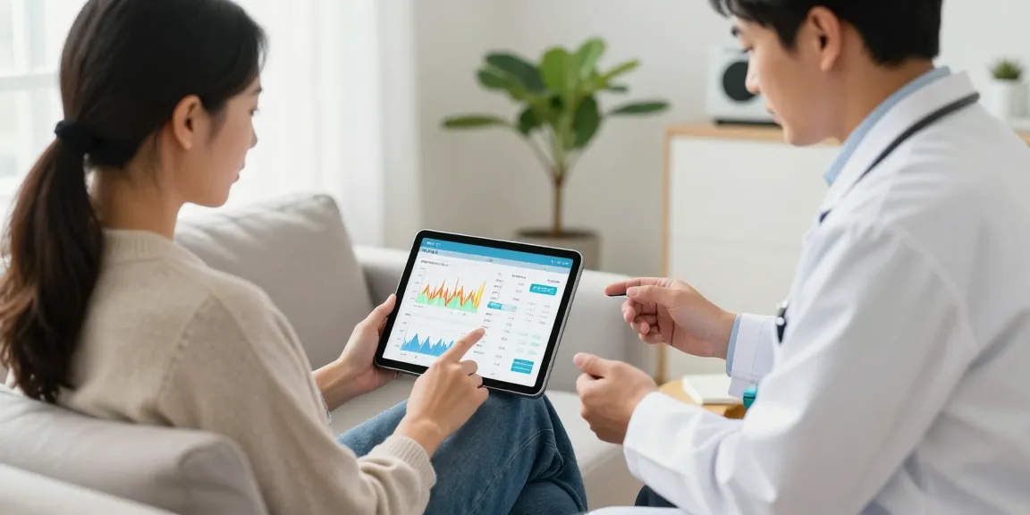 Patient nutzt die MyQuests-App auf einem Tablet, um Gesundheitsdaten mit einem Fachmann zu überprüfen.