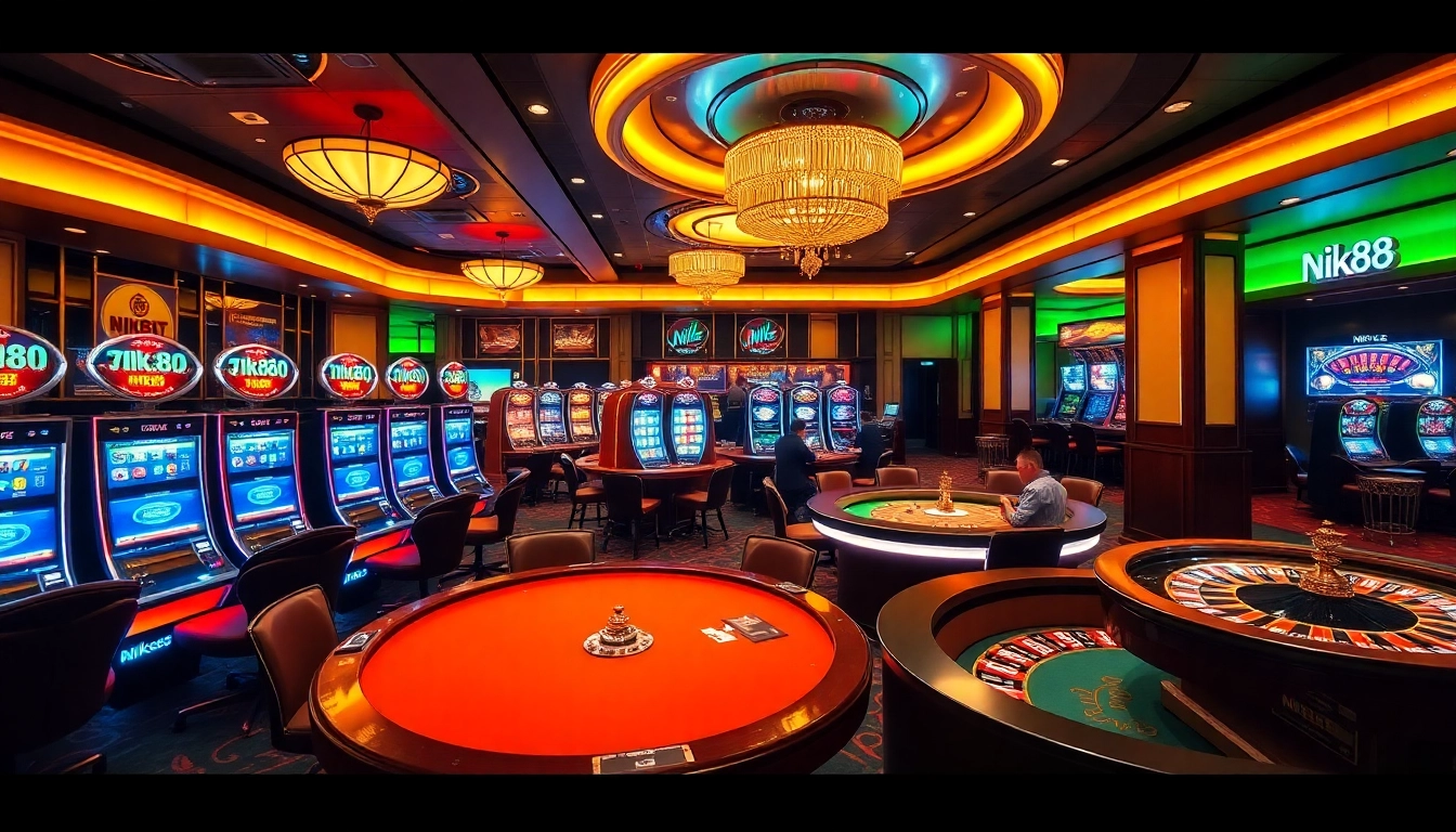 Experience thrilling casino action at NK88 with vibrant slot machines and poker tables.