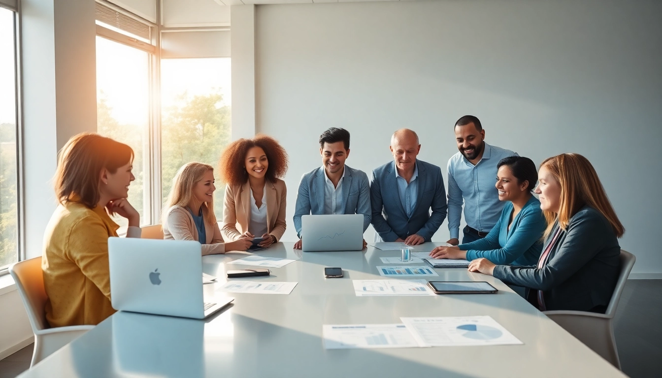 Illustration of a diverse team at a werbeagentur pflege collaborating on senior care marketing strategies.