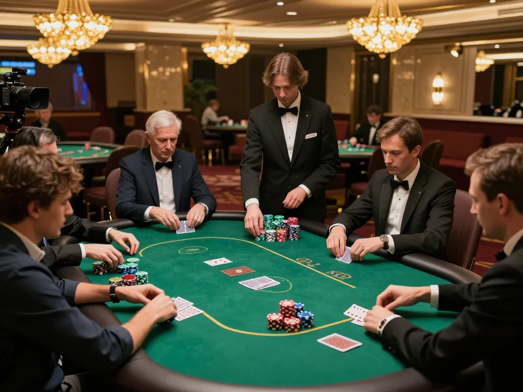 Experience luxury poker gameplay at fc88 in an elegant VIP casino setting, players engaged and dealer managing