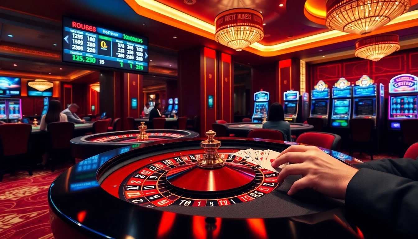 Players engaged in an exciting game at tt88's luxurious casino table setup featuring roulette and cards.