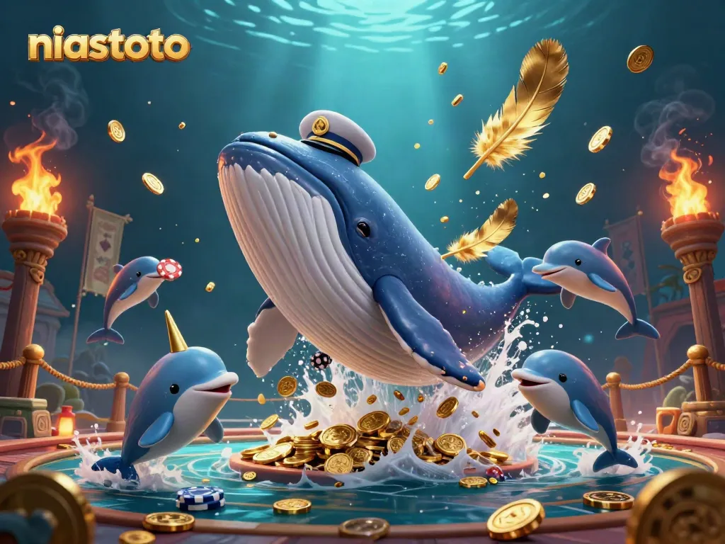 Merayakan kemenangan di niastoto dengan ikan paus raksasa dan koin emas berserakan.