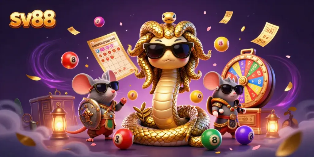 Experience the thrill of sv88 with a vibrant 3D illustration showcasing exciting lottery and casino elements.