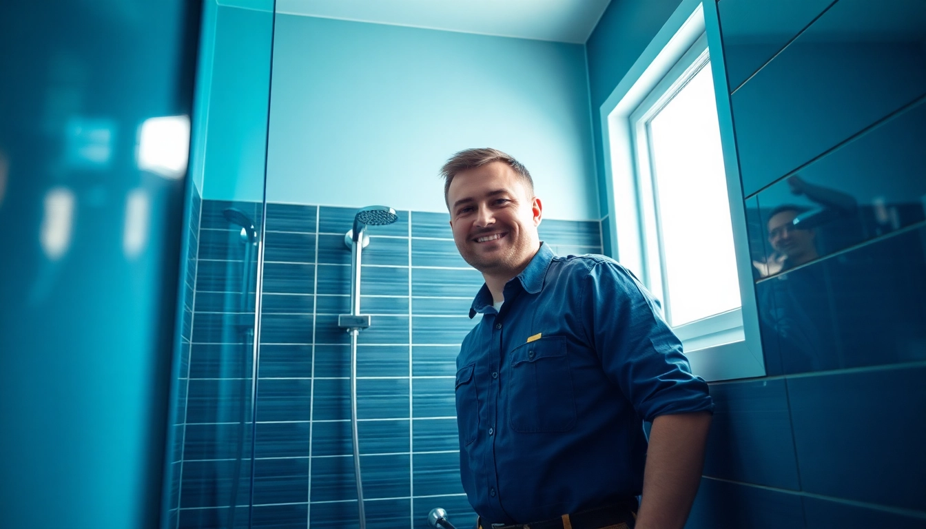 Installateur Notdienst repariert einen Wasserhahn in einem modernen Badezimmer.