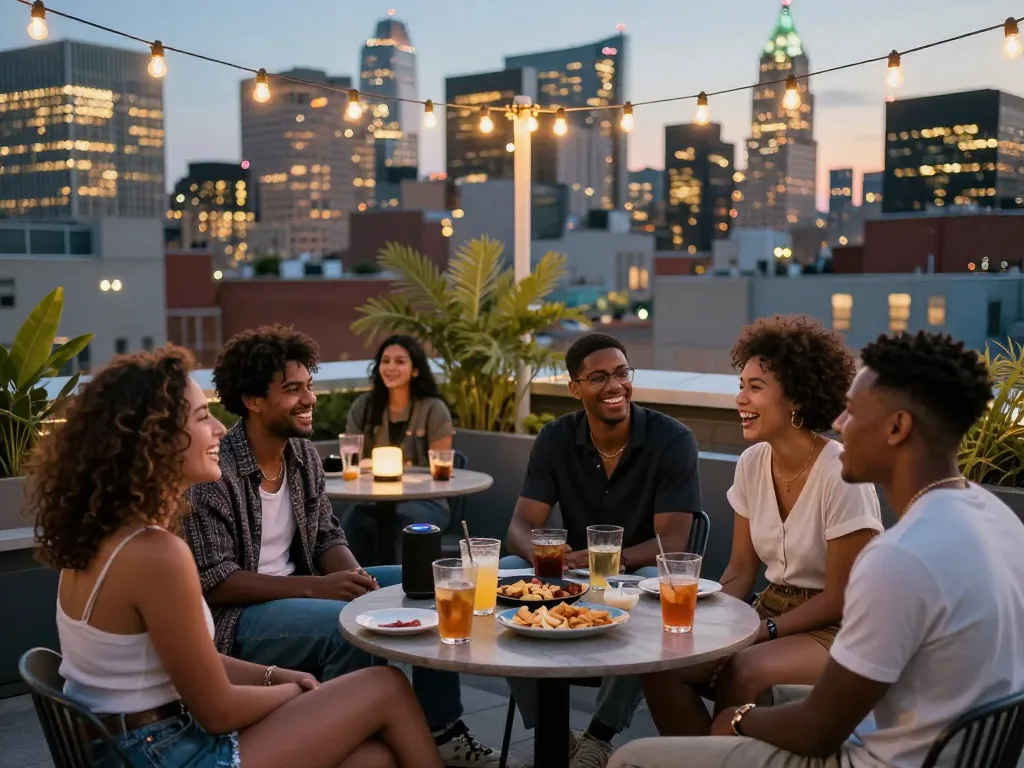 Gathering with friends at rooftop with city view, celebrating community around five88.