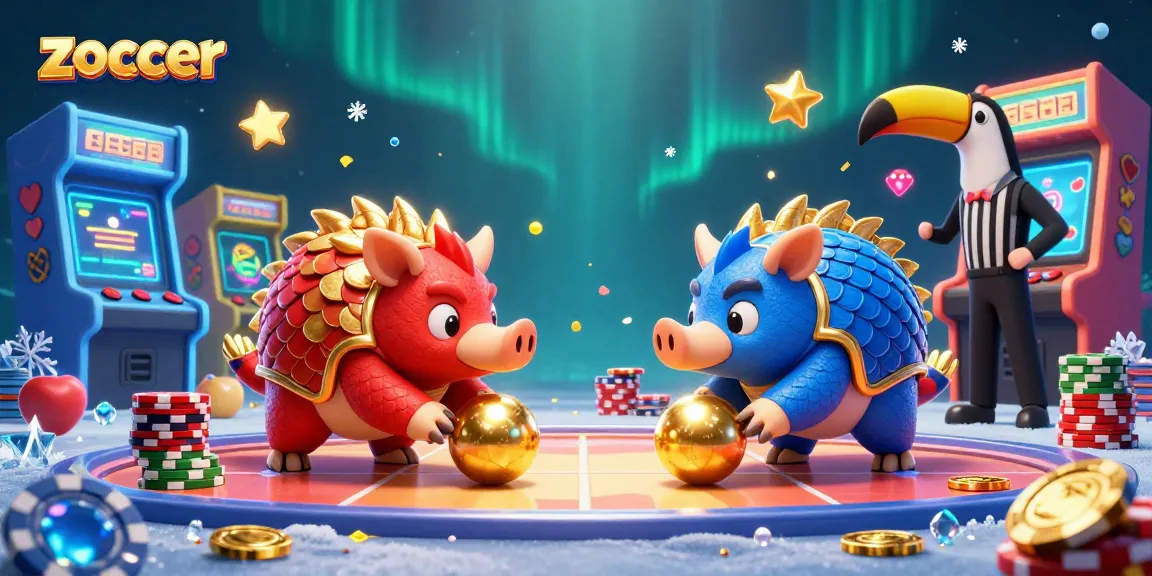 Engage in thrilling games at Zoccer Casino featuring vibrant pangolins, poker chips, and arcade elements.