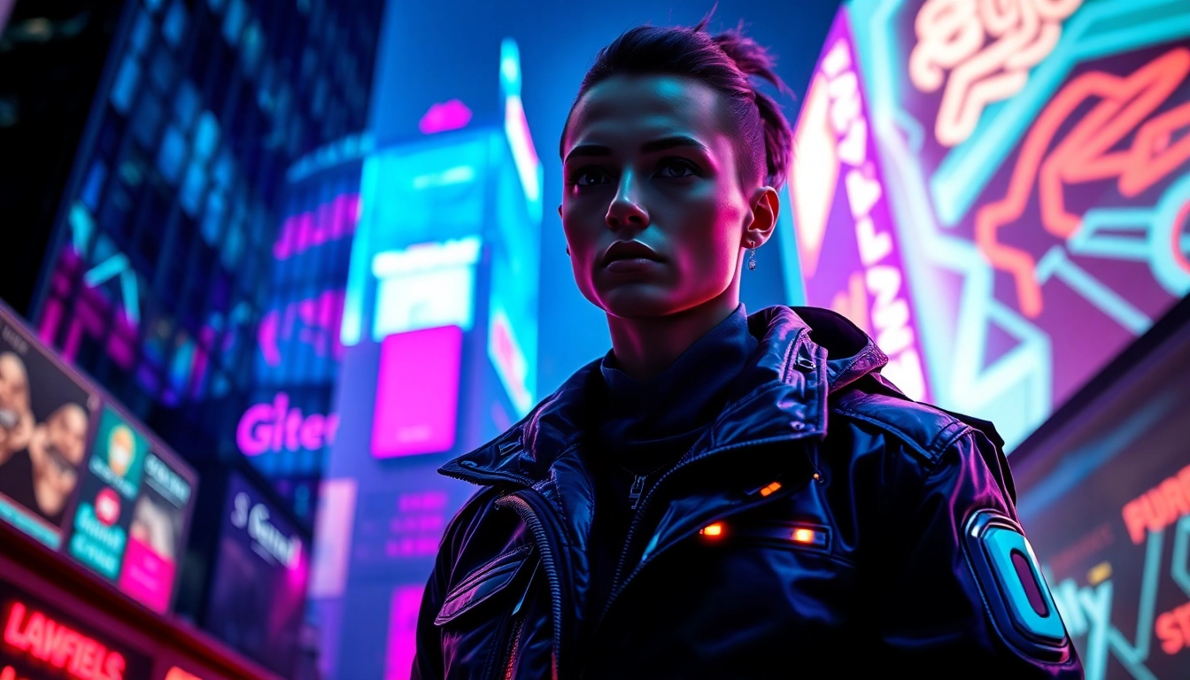 Trage cyberpunk apparel mit leuchtenden Details in einer urbanen Umgebung.