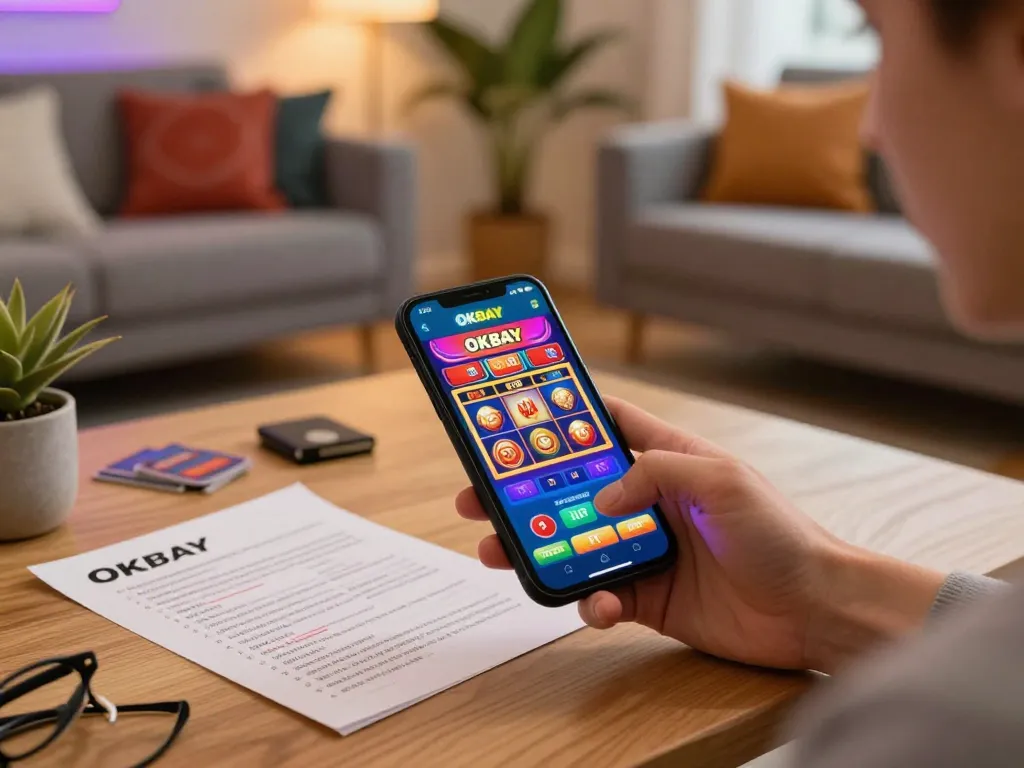 Engaging in online gaming at OKBAY with smartphone displaying exciting casino slots.