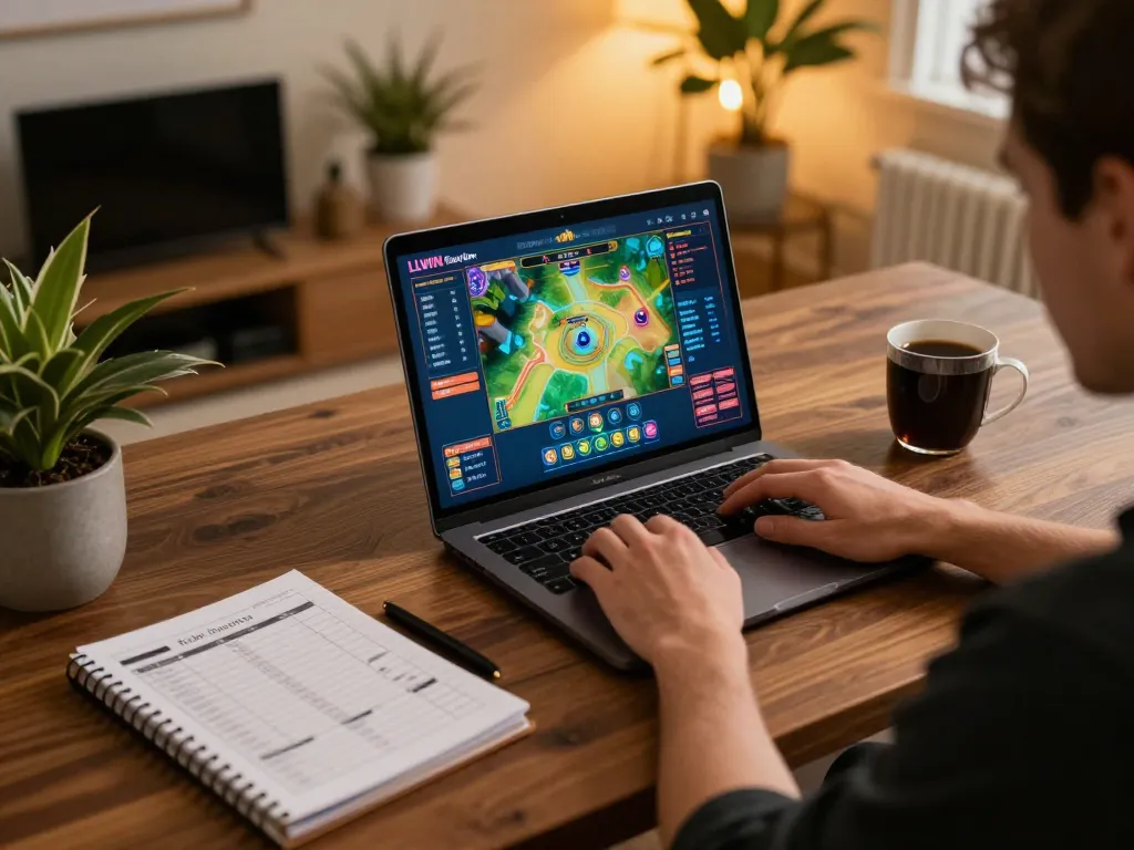 Player utilizing LLWIN Function for online gambling strategies at a cozy home setup.